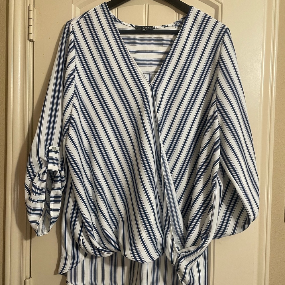 West Kei Blue and White Wrap Blouse Relaxed Fit